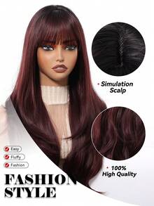 Straight Bangs 24 "Red Wig Fashion Flamboyant Elegant Wig Daily Party Wig Christmas Holiday Party Wig,Halloween Christmas Gifts,Gifts For Girlfriends,Summer,Festival Care,Natural Sexy Simple Casual Sports Preppy Cosplay Heat Resistant Fake Hair Or Holiday Party Everyday Wear,For Party,Music Festival Use - 酒紅色 - 查看 8