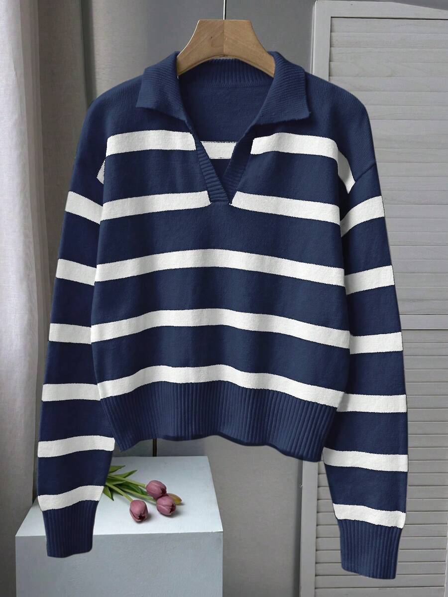 春秋新款复古条纹撞色长袖Polo领针织衫，女士宽松半开襟复古风套头衫，新年 - 飛雪白拼淺上青 - 查看 1
