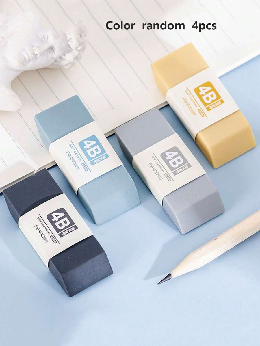 4入組簡約設計隨機顏色的橡皮擦,高品質柔軟擦得乾淨,學校文具