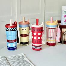 Portable Coffee Mug With Straw, Insulated Mug, Creative Stainless Steel Cold Water Mug 550ml - BWB6135 Pink - View 4