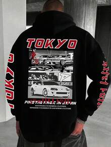 男士黑色连帽衫，带汽车图案和日语标语，东京街头风格，秋冬 - 黑色 - 查看 5