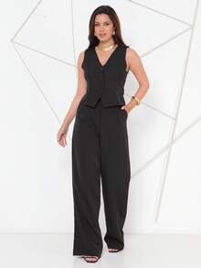 Women's Vest And Tailored Trousers Set - Black - View 2