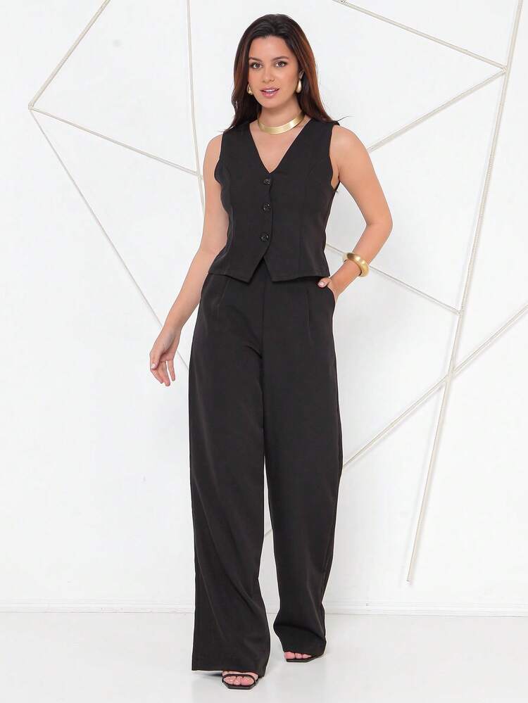 Women's Vest And Tailored Trousers Set - 黑色 - 查看 2