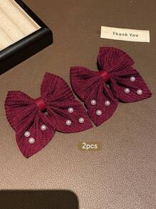 2pcs Fashionable & Sweet Bowknot Hair Clips, Suitable For Daily Use - Burgundy - View 2