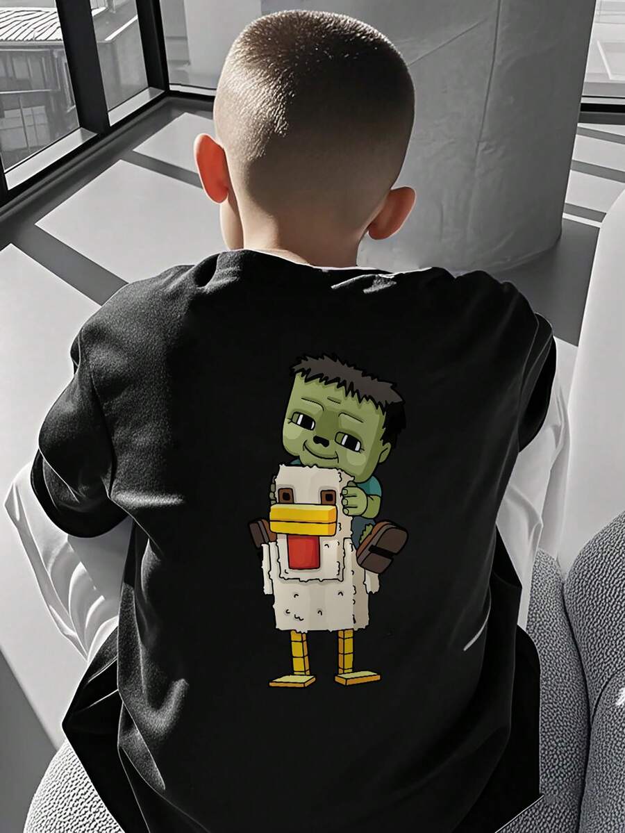 青少年男童学生休闲印花圆领短袖T恤，夏季上衣 - 黑色 - 查看 1