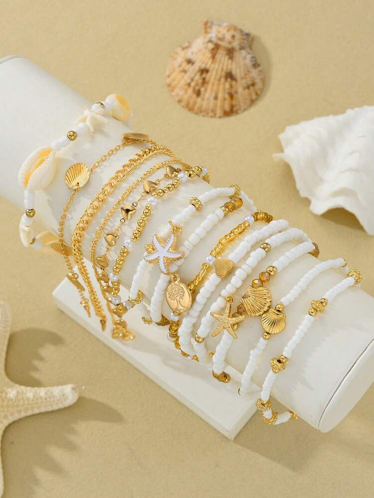 10 件套波西米亚海星和心形串珠脚链套装，适合约会、度假、日常装扮、派对礼物 - 銀色 - 查看 3