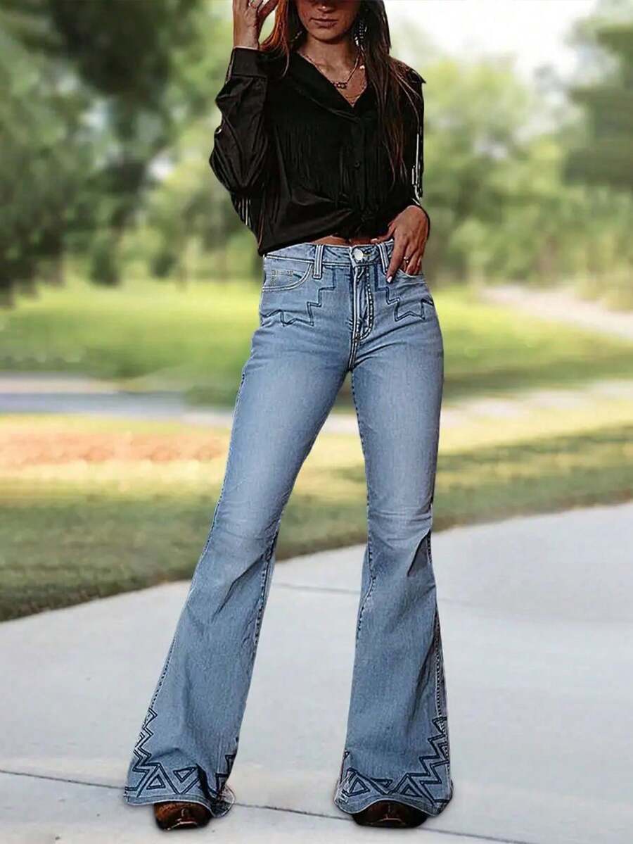 Women's Elegant Mid-Length Stretch Denim Pants, Light Blue In Color. The Pants Are Of A Solid Color Design, With Pockets, Long In Length, With A Button Closure Design. The Style Is Fashionable And Versatile, Suitable For All Seasons, And The Design Is Durable. - 淺藍色 - 查看 1