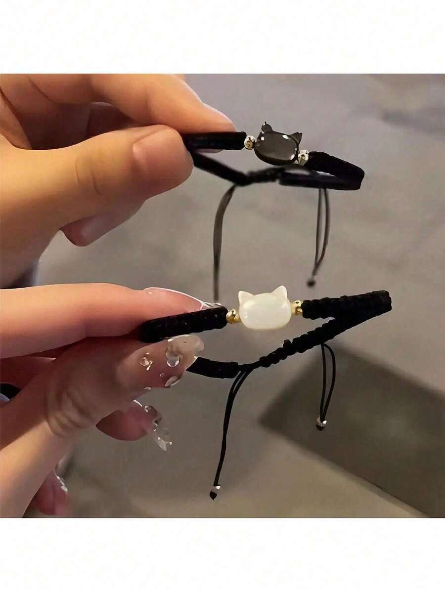 1 件可爱黑白猫编织手链，适合女士，Ins 简约手工编织绳，情侣礼物，闺蜜礼物