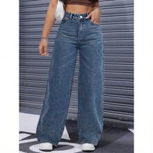 Solid High Waist Wide Leg Slant Pocket Jeans - 藍色 - 查看 5