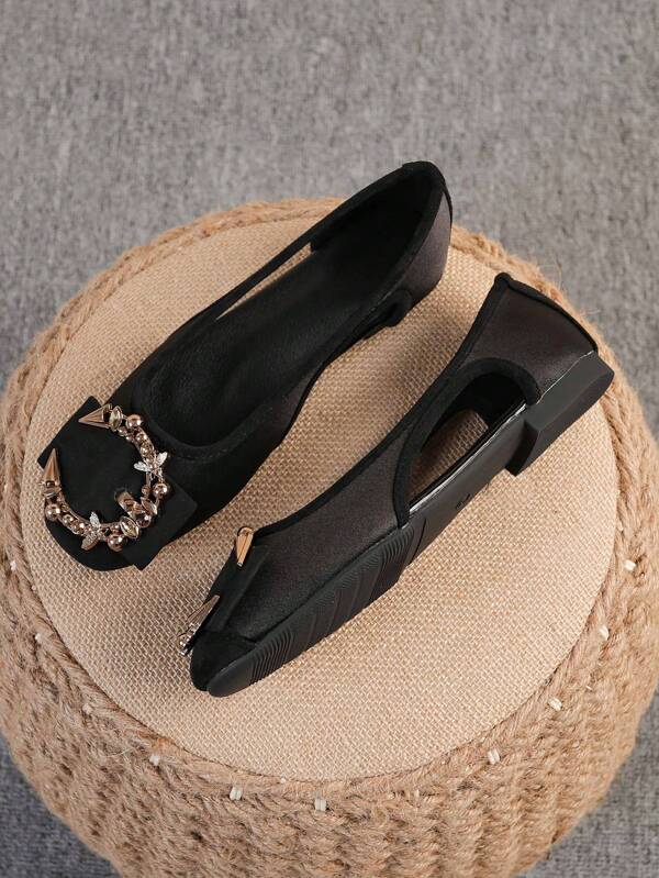 Women's Ballet Flats, Fashionable Square Toe Slip-On Soft Bottom Shoes, Versatile Flat Shoes, Black Flat Bow Button Loafers, Size Run Large