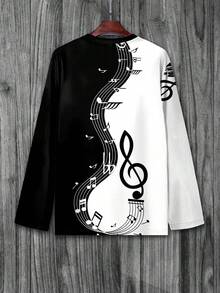 Camiseta de manga larga con cuello redondo y estampado de notas musicales, adecuada para el uso diario y versátil, talla grande para hombres