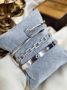 4pcs Luxury Stainless Steel Rhinestone Clover & Star Bangle Bracelet Set, Vintage Elegant Jewelry Suit For Women, Suitable For Daily Wear, Gift, Party, Fashionable Christmas Present - Gold - View 10