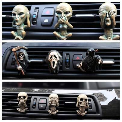 1 件随机款式骷髅死神外星人装饰汽车空气清新剂通风口夹哥特卡车内饰配件男女青少年恐怖骷髅汽车香氛万圣节仪表盘装饰趣味礼物男女皆宜