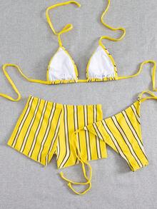 全新性感欧美风格女式吊带条纹上衣和系带泳衣下装和短裤三件套比基尼泳装套装 - 黃色 - 查看 6