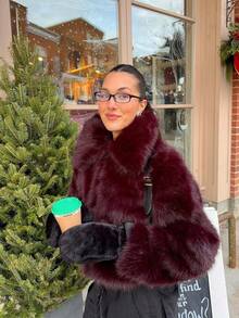 Camellia New Autumn/Winter Women's Fashion Casual Minimalist Faux Fur Effect Jacket - Burgundy - View 2