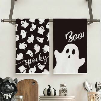 1pc/2pcs Halloween Horror Kitchen Towel, Large Dining Table Decor - Gothic Ghost Embroidered, Absorbent Dish Cloth, Suitable For Haunted House Decor/Party Props/Holiday Gift (Washable & Quick Dry)