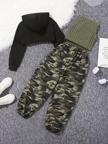 Conjunto de pantalones de otoño para niñas con parte superior con capucha de manga larga, chaleco acanalado y pantalones camuflados - Verde militar - Ver 6
