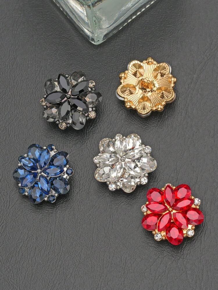 5pcs/Set Glamourous Rhinestone Embellished Metal Flower Buttons, Suitable For Fur Coats, Wedding Dresses, Suits, Uniforms, Bouquets, Gift Box, Jewelry DIY Accessories - Multicolor - View 7
