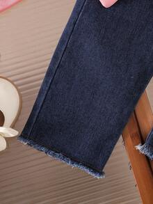 Toddler Bow Decor Print Warm Crew Neck Sweatshirt And Denim Pants Set - Pink - View 5