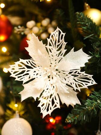 2 件/6 件/10 件闪光圣诞一品红花朵，圣诞树、花环、节日装饰、派对用品、圣诞节空心闪亮饰品