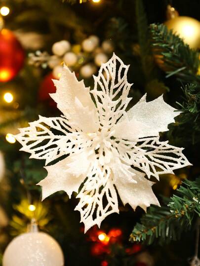 2pcs/6pcs/10pcs Glitter Christmas Poinsettia Flowers, Hollow Sparkly Ornaments For Christmas Tree, Wreath, Holiday Decor, Party Supplies,Christmas