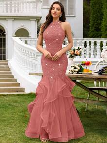 Sequin Floral Lace Contrast Mesh Backless Ruffle Hem Formal Party Maxi Dress, Elegant Ladies Party Gown, Formal Evening Dress, Ball Gown, Suitable For Wedding Guest, Graduation Ceremony, Gala Dinner And Other Occasions Spring - Dusty Pink - View 7