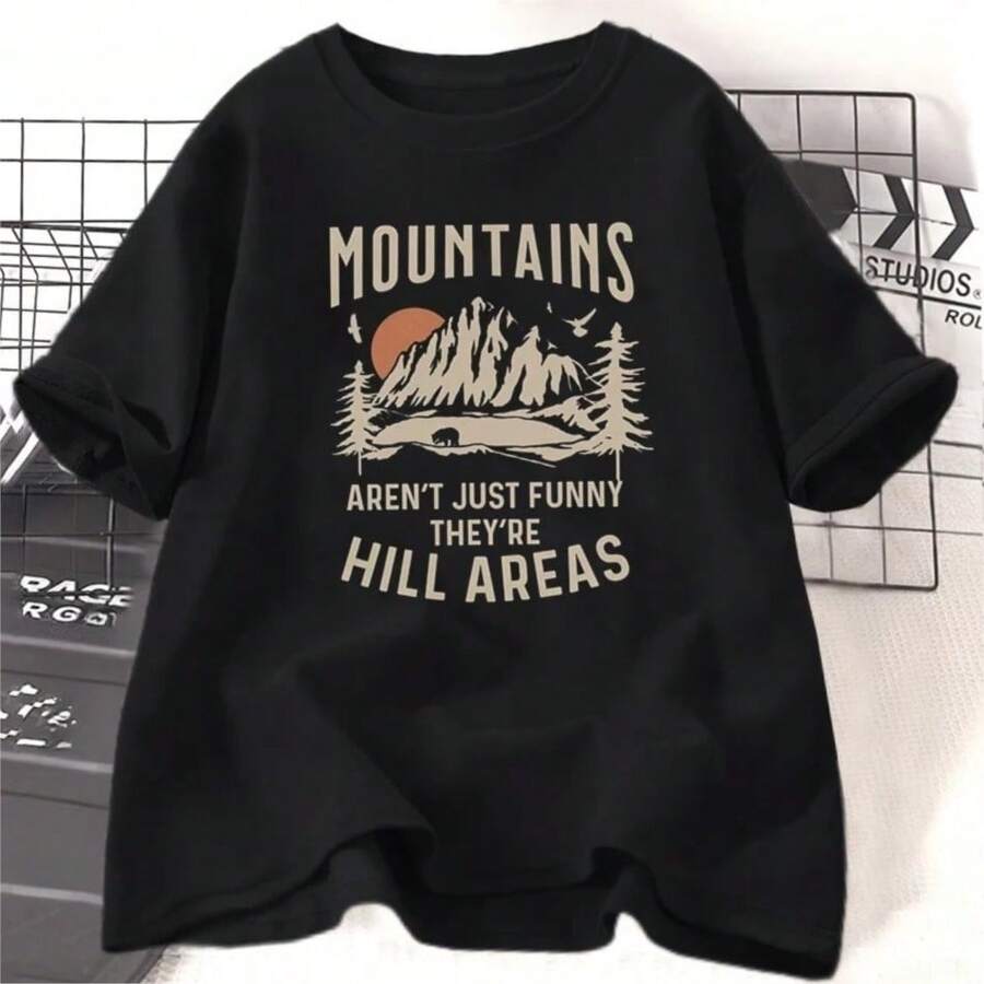 Mountains Aren't Just Funny T-Shirt Women Hiking And Camping T Shirt Set Sun Print Short Sleeve Tee Shirt Women Clothes - 黑色 - 查看 1
