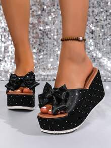 2025 女士凉鞋，性感豹纹蝴蝶结厚底坡跟凉鞋，女士时尚圆头一脚蹬高跟舒适凉鞋，春夏休闲日常派对必备，与连衣裙完美搭配 - 黑色 - 查看 4