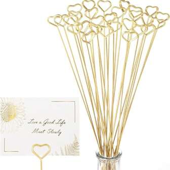 20pcs Metal Floral Card Holders, Gold Heart Flower, Photo Clip Stand, Floral Bouquet Card Holder, Suitable For Wedding, Birthday Party