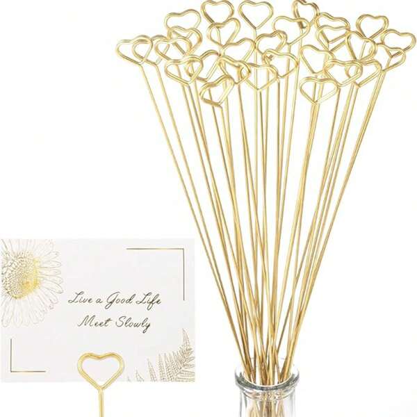 20 piezas de soportes metálicos para tarjetas con diseño floral, soporte para fotos con forma de flor en corazón dorado, adecuado para bodas, fiestas de cumpleaños