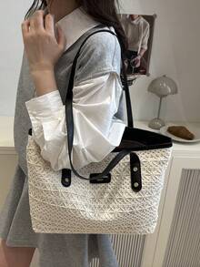 1 件黑色尼龙面料顺滑拉链铆钉镂空图案设计时尚百搭休闲夏季新款小众大容量单肩托特包，适合女性日常使用 - 黑色 - 查看 8