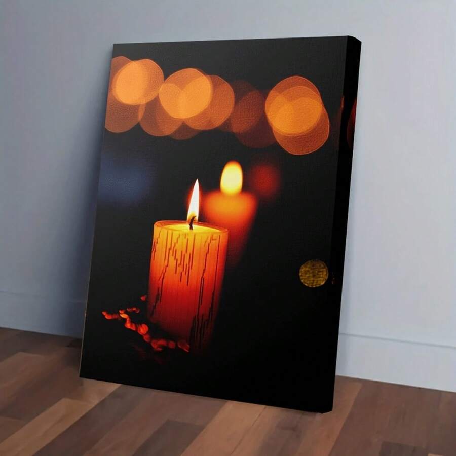 1pc 30*40cm(12*16inch) Framed Framed Canvas Painting, , Flickering Candles And Bohemian Lights, Modern Black Background, Wood Frame, Perfect For Living Room, Bedroom, Office, Dining Room And Hallway Decoration.