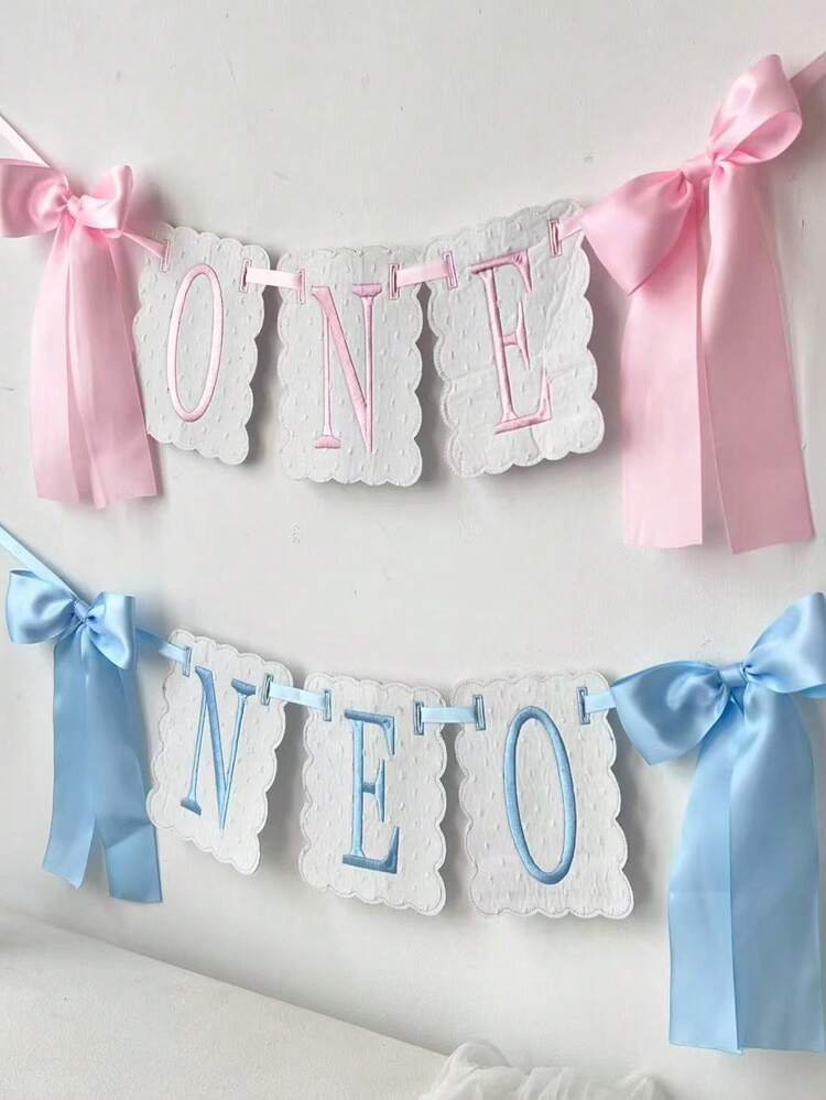 1 Set "ONE" Letter Bow Backdrop Banner, 1st Birthday Ribbon Banner, Suitable For Boy, Girl, Fairy Baby Photo Props, Party Decorations, Baby Shower, Birthday Decorations - Multicolor - View 3