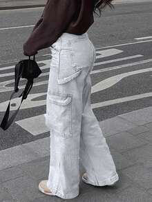 NVFelix 2026款高腰宽松直筒工装牛仔裤，女士款，优雅休闲Y2K街头风，适合春夏穿着，浅灰色 - 淺灰色 - 查看 5