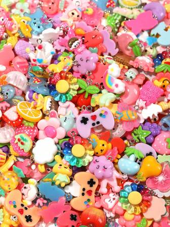 Random 10/20/30/40/50/100/150/200pcs Resin Accessories Set, Creative Cute Sweet Fresh Girl Cartoon DIY Decorations, Various Colors, Styles And Designs, More Quantity More Variety, Can Be Used As Keychains, Necklaces, Bracelets, Dust Plugs And Other Pendants, Great For Back To School, Parties, And Wonderful Small Gifts