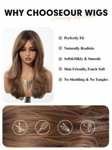 棕色高光渐变浪漫 22 英寸长波浪发带刘海合成假发，适合女性日常使用派对度假节日自然浪漫性感优雅简约休闲万圣节圣诞节角色扮演耐热假发角色扮演派对假发，适合时尚女性日常学校穿着