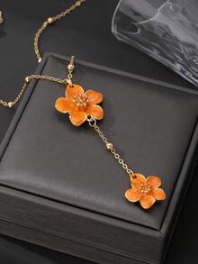 1pc Handmade Elegant Orange Layered 5-Petal Flower Pendant Necklace For Women (No Gift Box. Due To Handcrafted Cutting, The Number Of Beads On The Chain Is Random, But The Final Length Remains Fixed And Does Not Affect The Wearing Effect) - Orange - View 3