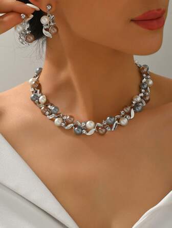 Set de 3 piezas de collar y aretes de joyería con perlas y rhinestones con diseño floral, adecuado para boda, graduación, San Valentín, Navidad, Día del Maestro, Día de la Madre, fiesta, banquete, aniversario, cita, accesorios nupciales (color de perla aleatorio)