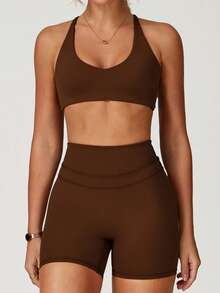 ATTRACO Áo ngực thể thao nữ cổ chữ V sâu, dây chéo, không lưng, thích hợp cho tập luyện ngoài trời, chạy bộ, tập thể dục, Pilates mùa xuân. - màu nâu - Xem 6