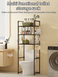 1pc Upgraded Grid Design Over Toilet Storage Shelves, Floor Standing Bathroom Toilet Shelf, Bathroom Organizers And Storage,Edge Strap Hook, Bathroom Accessories, Washing Machine Rack, Balcony Organizer Storage Rack - 黑色升級版 - 查看 3