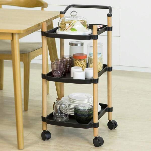 SoBuy Serving Trolley With 3 Shelves, Side Trolley, Rolling Trolley With Handles, Tea Trolley, Kitchen Trolley, Kitchen Shelf, Black, W X H X D Approx.: 38 X 83 X 52 Cm SVW06-SCH