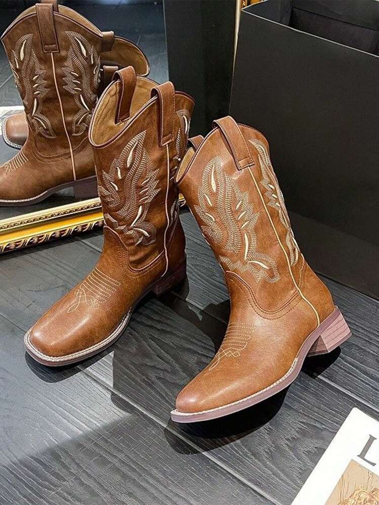 Botas vaqueras de mujer con detalles bordados y tacón bloque - Marrón - Añade 1