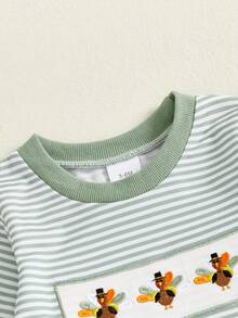 Baby Boy Thanksgiving Stripe Romper Casual Turkey Embroidery Long Sleeve Jumpsuit For Infant Toddler Cute Outfit - Green - View 3