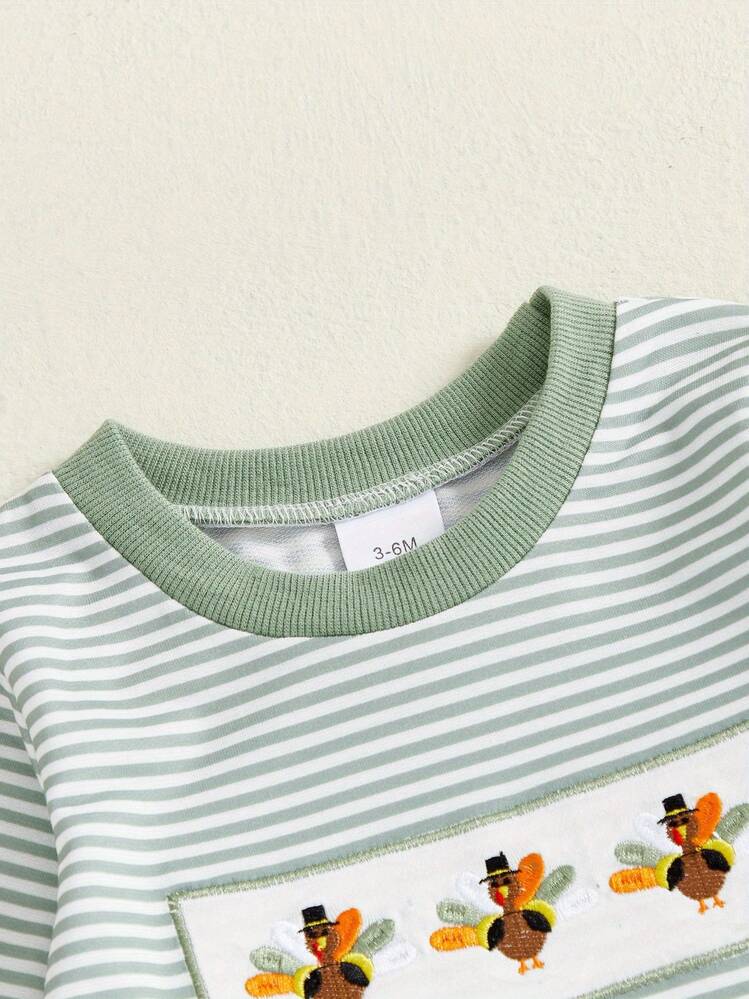 Baby Boy Thanksgiving Stripe Romper Casual Turkey Embroidery Long Sleeve Jumpsuit For Infant Toddler Cute Outfit - màu xanh lá - Xem 3