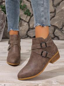 2025新款粗跟切尔西短靴，侧拉链短靴，秋冬低跟/中跟鞋，经典学院风短靴，百搭女式短靴，时尚女靴 - 棕色 - 查看 4