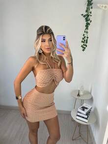 Women's Modal Knit Set With Relief Scales, Top And Skirt, Summer Knit - Desnudo - Ver 3