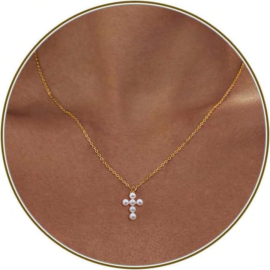 Cross Necklace For Women, Dainty 18K Gold Plated/Sterling Silver Small Cross Pendant Necklace Simple Gold Cross Necklaces For Women Faith Jewelry Gift2025 - 珍珠十字金 - 查看 1