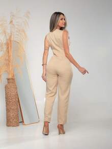Women's Tailored Jumpsuit With Button At The Front C3154 - Beige - View 2
