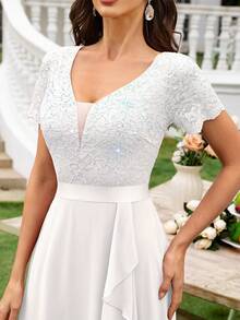 MIUSOL Đầm maxi dạ hội bằng chiffon, cổ chữ V sâu, đính sequin và ren, viền bèo nhún, thích hợp cho khách dự đám cưới, lễ tốt nghiệp, tiệc gala và các dịp khác, màu trắng mùa xuân. - trắng - Xem 8