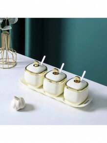 Condiment Jar With Lid And Spoon Spice Container, Clear, Green, White, Condiment Jar Seasoning Jar Salt Container Sugar Jar, Kitchen, Counter, Food Storage, 1 Tray +4 Jars, 1 Tray +3 Jars, Thanksgiving Day Gift, Harvest Festival, Family Dinner